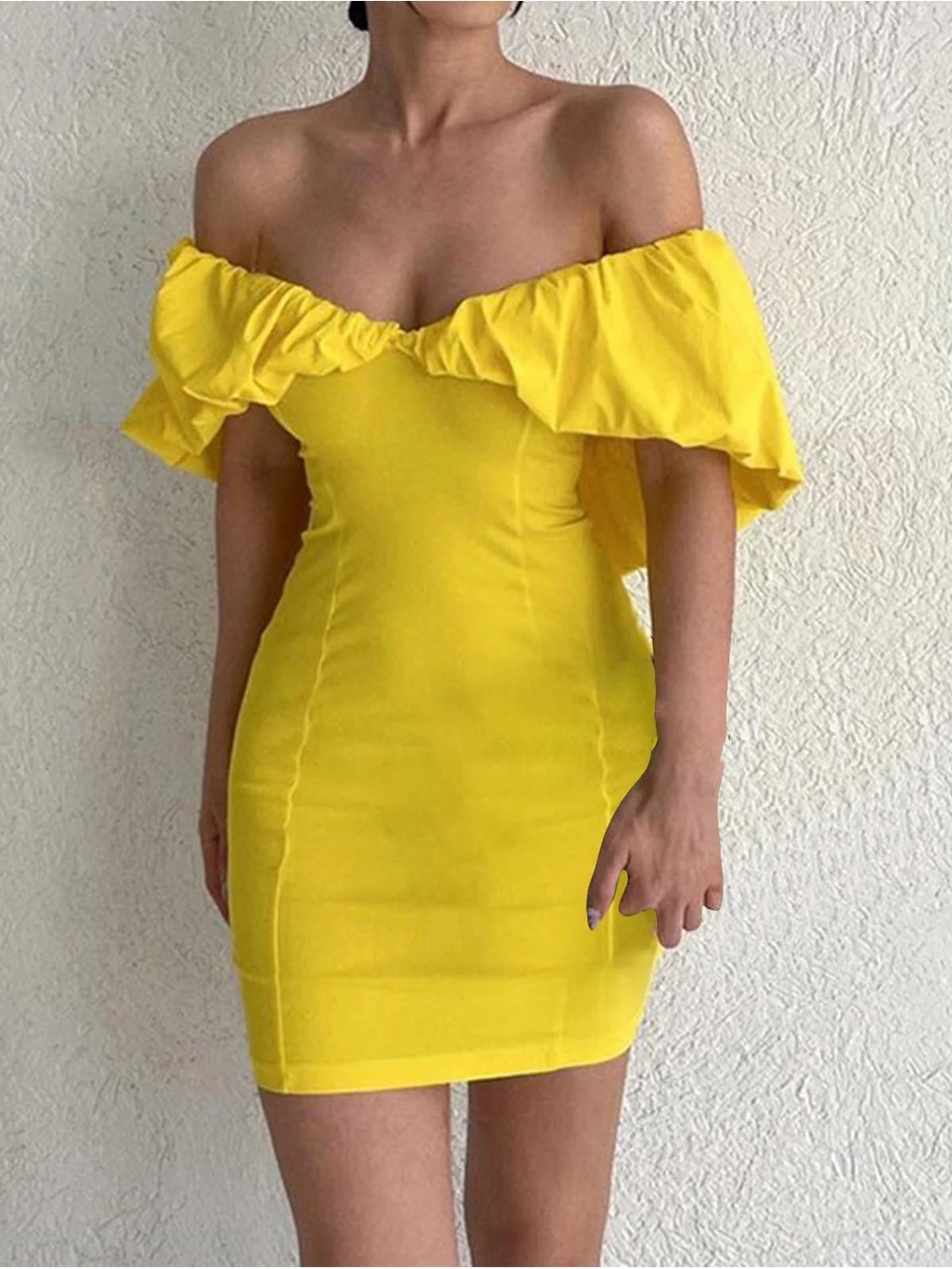 Zara Yellow Ruched Off-Shoulder Dress